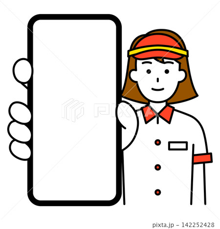 スマホの画面を大きく見せるファストフード店の女性店員 142252428