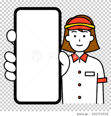 スマホの画面を大きく見せるファストフード店の女性店員 142252428