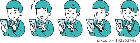 スマホを操作するビジネスパーソン(男性)のイラストセット スマホを操作するビジネスパーソン(男性)のイラストセット 142252448
