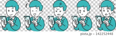 スマホを操作するビジネスパーソン(男性)のイラストセット スマホを操作するビジネスパーソン(男性)のイラストセット 142252448