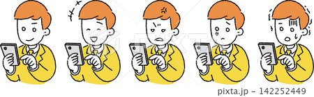 スマホを操作するビジネスパーソン(男性)のイラストセット スマホを操作するビジネスパーソン(男性)のイラストセット 142252449