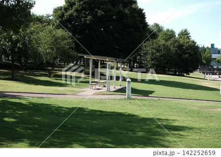 公園の東屋と芝生広場、木々に囲まれた屋外休憩スペース 142252659