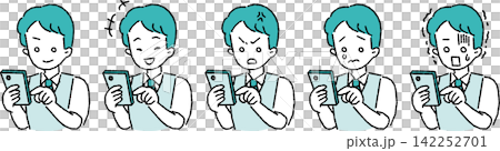 A set of illustrations of a male student using a smartphone. A set of illustrations of a male student using a smartphone. 142252701