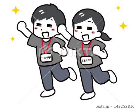 笑顔&ガッツポーズの嬉しそうなイベントスタッフの若い男女 笑顔&ガッツポーズの嬉しそうなイベントスタッフの若い男女 142252816
