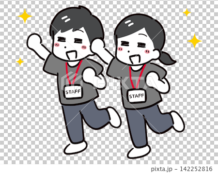 笑顔&ガッツポーズの嬉しそうなイベントスタッフの若い男女 笑顔&ガッツポーズの嬉しそうなイベントスタッフの若い男女 142252816