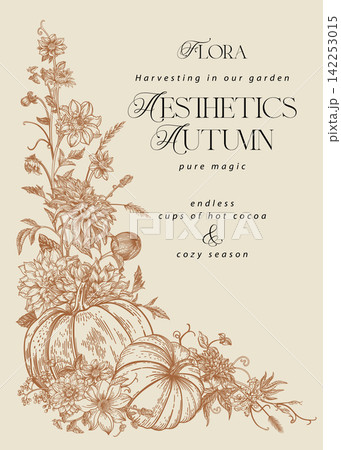 Vintage autumn corner design with pumpkins and flowers Vintage autumn corner design with pumpkins and flowers 142253015