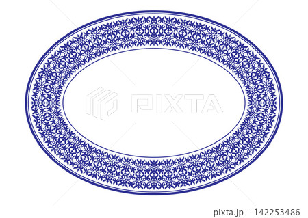 Decorative oval frame. Elegant element for design in Eastern style, place for text. Floral blue border. Lace illustration for invitations and greeting cards. 142253486