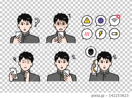 A simple vector illustration set featuring a male student in a school uniform holding a smartphone, expressing negative emotions. A simple vector illustration set featuring a male student in a school uniform holding a smartphone, expressing negative emotions. 142253623