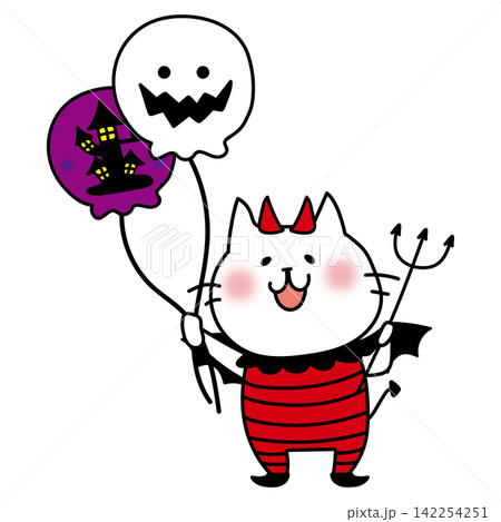 悪魔の仮装をしてハロウィンの風船を持っている白い猫 悪魔の仮装をしてハロウィンの風船を持っている白い猫 142254251