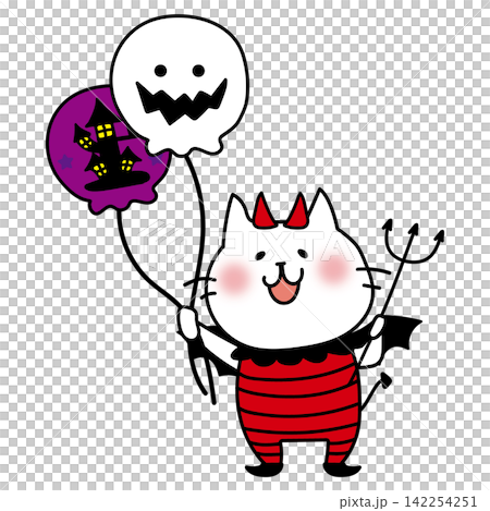 悪魔の仮装をしてハロウィンの風船を持っている白い猫 悪魔の仮装をしてハロウィンの風船を持っている白い猫 142254251