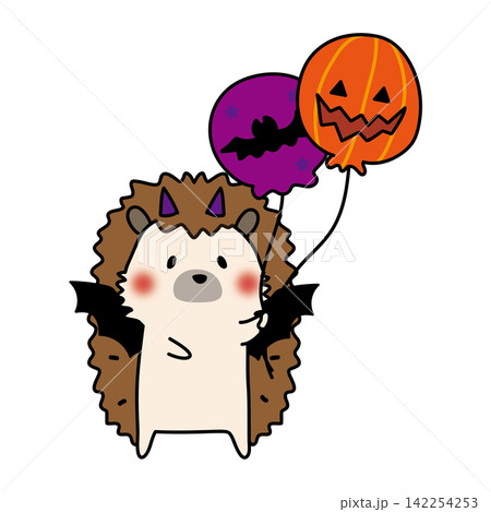 コウモリの仮装をしてハロウィンの風船を持っているハリネズミ コウモリの仮装をしてハロウィンの風船を持っているハリネズミ 142254253