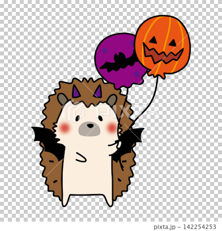 コウモリの仮装をしてハロウィンの風船を持っているハリネズミ コウモリの仮装をしてハロウィンの風船を持っているハリネズミ 142254253