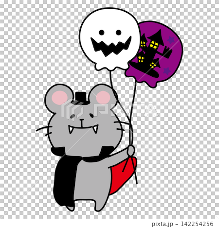 A mouse dressed as Dracula holding a Halloween balloon. 142254256