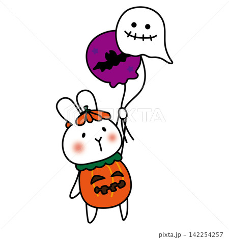 ジャックオランタンの仮装をしてハロウィンの風船を持っている白いうさぎ 142254257