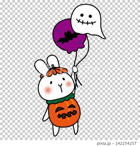 ジャックオランタンの仮装をしてハロウィンの風船を持っている白いうさぎ 142254257