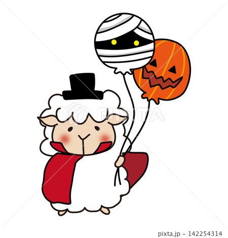 ドラキュラの仮装をしてハロウィンの風船を持っている羊 ドラキュラの仮装をしてハロウィンの風船を持っている羊 142254314