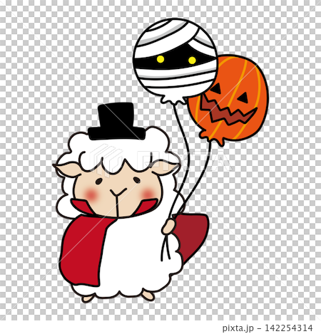 ドラキュラの仮装をしてハロウィンの風船を持っている羊 ドラキュラの仮装をしてハロウィンの風船を持っている羊 142254314