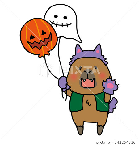 狼男の仮装をしてハロウィンの風船を持っているカピバラ 142254316