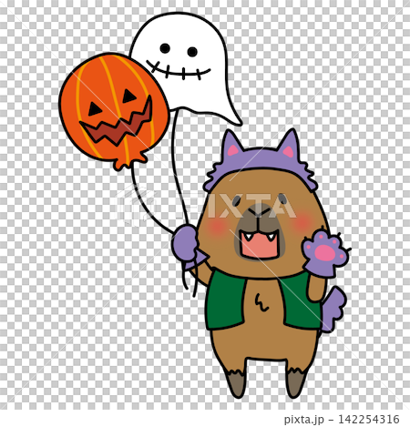 狼男の仮装をしてハロウィンの風船を持っているカピバラ 142254316