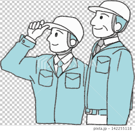 右を向く作業服の年配と若手男性のイラスト（やる気・技術継承・右向き・2色・ベクター） 142255118