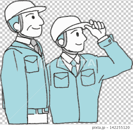 左を向く作業服の年配と若手男性のイラスト（やる気・技術継承・左向き・2色・ベクター） 142255120