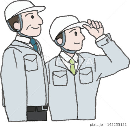 左を向く作業服の年配と若手男性のイラスト（やる気・技術継承・左向き・カラー・ベクター） 142255121