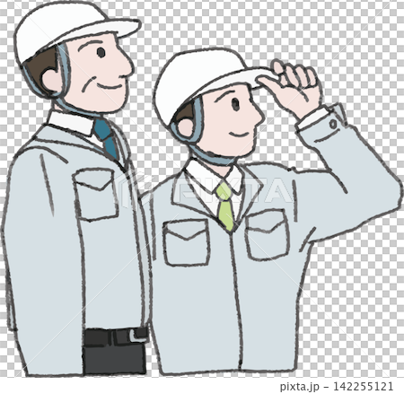 左を向く作業服の年配と若手男性のイラスト（やる気・技術継承・左向き・カラー・ベクター） 142255121