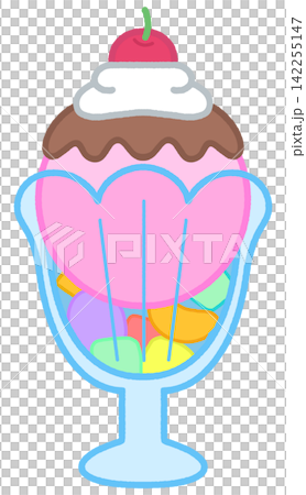 Cute cartoon ice cream sundae in glass cup with mixed fruits Cute cartoon ice cream sundae in glass cup with mixed fruits 142255147