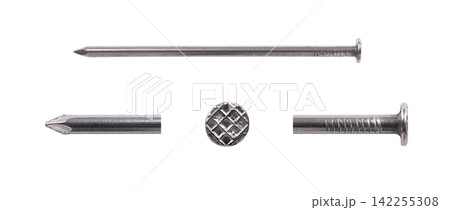 Flat head steel nail, 100 mm, a wire nail made of uncoated polished steel. Whole nail and close-ups of the flat circular head, textured shank, and the sharp diamond point at the tip. Isolated. Photo Flat head steel nail, 100 mm, a wire nail made of uncoated polished steel. Whole nail and close-ups of the flat circular head, textured shank, and the sharp diamond point at the tip. Isolated. Photo 142255308