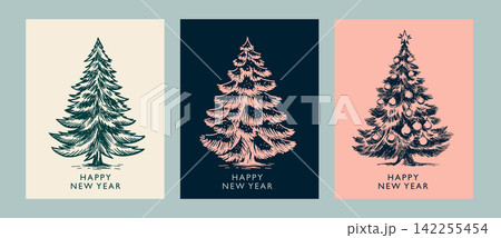 Happy New Year. Christmas tree set, Hand drawn illustration.	 142255454