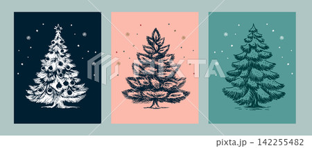 Christmas tree set. Hand drawn illustration. Christmas tree set. Hand drawn illustration. 142255482