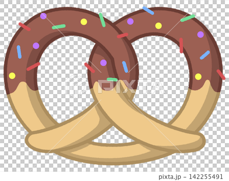 Cute cartoon pretzel coated with chocolate glaze and sprinkles 142255491