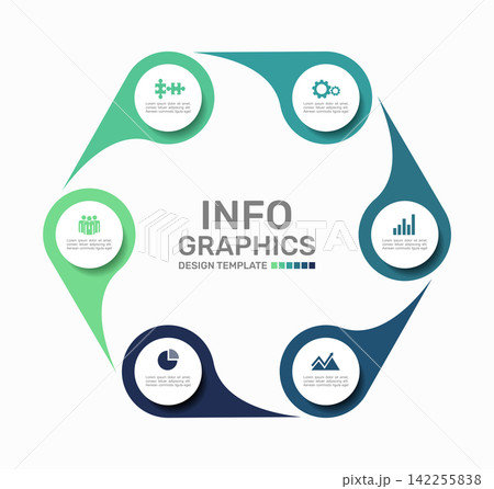 Circular business infographic template featuring interlocking fluid teardrop pin shapes. Vector illustration. Circular business infographic template featuring interlocking fluid teardrop pin shapes. Vector illustration. 142255838