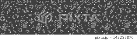 Back to school seamless doodle banner. Hand drawn education background with books, pencil, scissors, calculator, ruler, trophy, magnifier and school supplies in white line style on dark background. 142255870