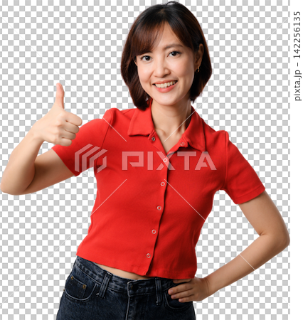 Happy smiling Asian woman giving thumb up gesture dressed in casual red polo shirt standing isolated on plain transparency background Happy smiling Asian woman giving thumb up gesture dressed in casual red polo shirt standing isolated on plain transparency background 142256135