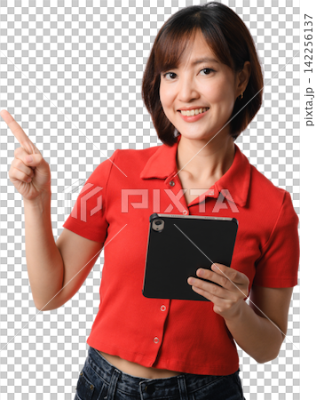 Happy asian woman pointing finger up holding digital tablet wearing casual red shirt presenting idea with cheerful smile transparency Happy asian woman pointing finger up holding digital tablet wearing casual red shirt presenting idea with cheerful smile transparency 142256137