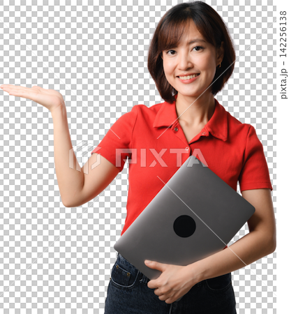 Happy smiling asian woman presenting copy space holding laptop computer wearing casual red shirt for business marketing promotion Happy smiling asian woman presenting copy space holding laptop computer wearing casual red shirt for business marketing promotion 142256138
