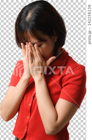 Stressed sad asian woman crying feeling depressed covering face isolated against transparent background with grief emotion Stressed sad asian woman crying feeling depressed covering face isolated against transparent background with grief emotion 142256139