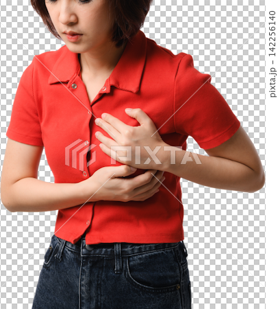 Worried asian woman suffering severe chest pain holding breast with acute ache symptom isolated on plain background feeling sick Worried asian woman suffering severe chest pain holding breast with acute ache symptom isolated on plain background feeling sick 142256140