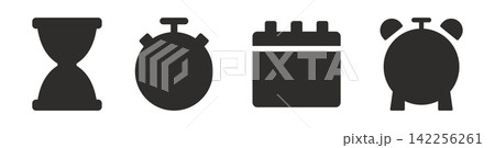 A set of four black icons on a white background, the illustrations represent an hourglass, a stopwatch, an alarm clock and a calendar A set of four black icons on a white background, the illustrations represent an hourglass, a stopwatch, an alarm clock and a calendar 142256261