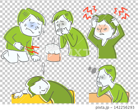 一組簡單的插圖,描繪了一個身體不適的男人。 一組簡單的插圖,描繪了一個身體不適的男人。 142256293