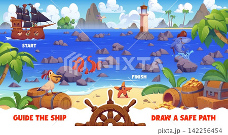 Kids labyrinth maze game puzzle worksheet, help to pirates find a safe path to treasures chests. Cartoon sea corsair riddle adventure with ship start and sandy beach finish, rocks, octopus and shark Kids labyrinth maze game puzzle worksheet, help to pirates find a safe path to treasures chests. Cartoon sea corsair riddle adventure with ship start and sandy beach finish, rocks, octopus and shark 142256454