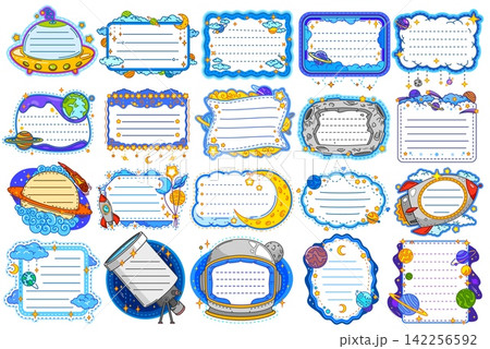 Sky and space kids memo note frames inspired by space, astronomy and night sky. Vector kids memo note frames set, rockets, UFO and astronaut helmets, comets, telescope and clouds, stars and planets Sky and space kids memo note frames inspired by space, astronomy and night sky. Vector kids memo note frames set, rockets, UFO and astronaut helmets, comets, telescope and clouds, stars and planets 142256592
