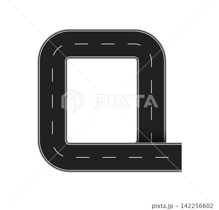 Asphalt road letter Q highway alphabet type with dashed lane markings. Creative path font typeface for transportation typography, kid learning and mapping. Way English abc, highway route alphabet sign 142256602