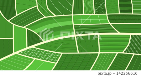 Top view of agriculture farm field, rice and green tea plantation background. Abstract aerial map, agricultural patchwork landscape, land texture of vineyard, farmland, rice paddy terrace, countryside Top view of agriculture farm field, rice and green tea plantation background. Abstract aerial map, agricultural patchwork landscape, land texture of vineyard, farmland, rice paddy terrace, countryside 142256610