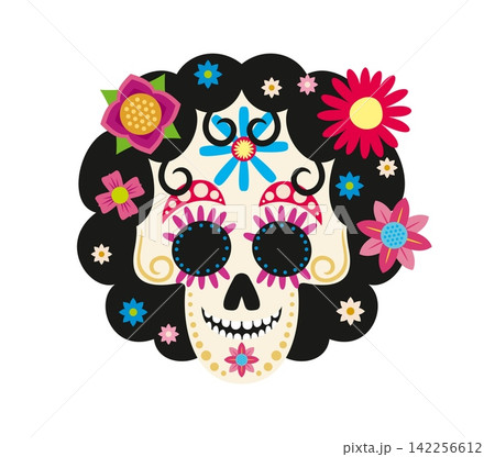 Mexican sugar skull Catrina character. Vibrant Calavera skull features thick black hair decorated with bright pink, blue, and red flowers. Traditional symbol for Day of the Dead festival posters Mexican sugar skull Catrina character. Vibrant Calavera skull features thick black hair decorated with bright pink, blue, and red flowers. Traditional symbol for Day of the Dead festival posters 142256612