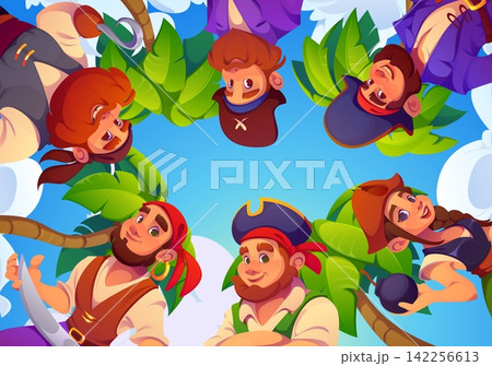 Cartoon pirate characters on tropical island. Captain and skipper, boatswain and helmsman, deckhand and sailor pirate crew male and female personages gathers in circle among palm trees under blue sky Cartoon pirate characters on tropical island. Captain and skipper, boatswain and helmsman, deckhand and sailor pirate crew male and female personages gathers in circle among palm trees under blue sky 142256613