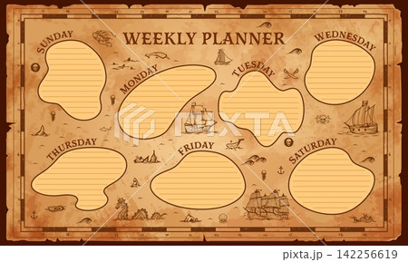 School education weekly timetable planner schedule with old treasures map and tropical island frames. Historic children paper planner template with ancient parchment, ships sea monsters and animals School education weekly timetable planner schedule with old treasures map and tropical island frames. Historic children paper planner template with ancient parchment, ships sea monsters and animals 142256619