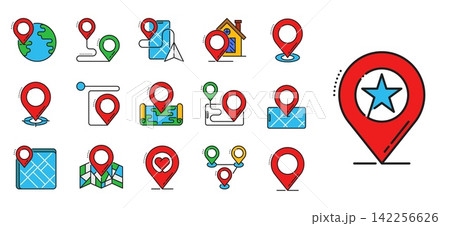Location pin point pictogram icons, travel trip symbols. Trip direction tag vector symbol, navigation location point icon. Map marker sign with Earth globe, smartphone and paper map, love heart 142256626