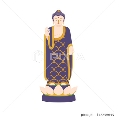 Buddha statue standing on pink lotus flower, Japan travel, holiday and architecture icon. Isolated Buddha monument in purple robe with gold trim and wave pattern, right hand raised in blessing mudra Buddha statue standing on pink lotus flower, Japan travel, holiday and architecture icon. Isolated Buddha monument in purple robe with gold trim and wave pattern, right hand raised in blessing mudra 142256645